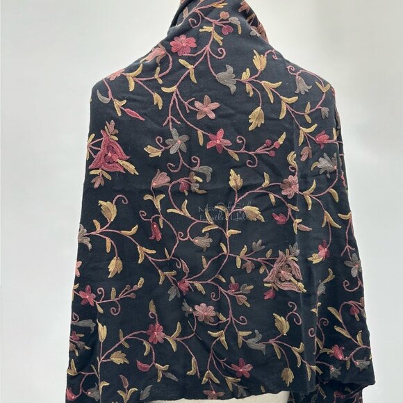 Black Floral Embroidered Scarf Shawl Decor Tapestry with Fringe & Lace Detailing - Picture 1 of 5